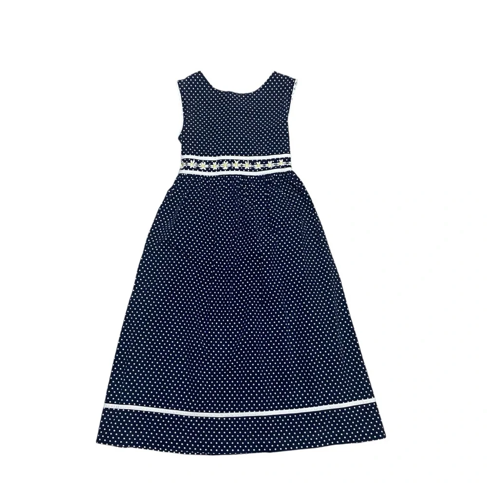 Vintage 90s Rare Editions Dress Girls Size 14 Polka Dot Daisy Appliqué Dress